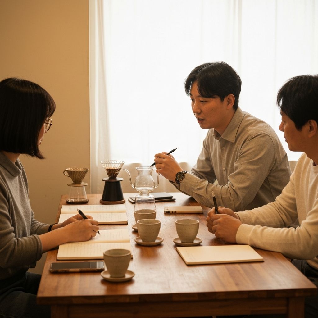 케이빈 커피 클래스 — 소그룹이 함께 앉아 핸드드립 브루잉을 처음 배우는 장면